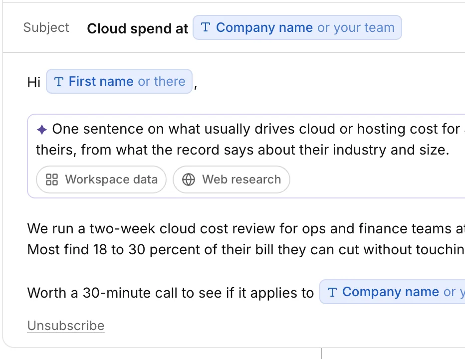 A Steerco cold email step that writes one opening line for each buyer