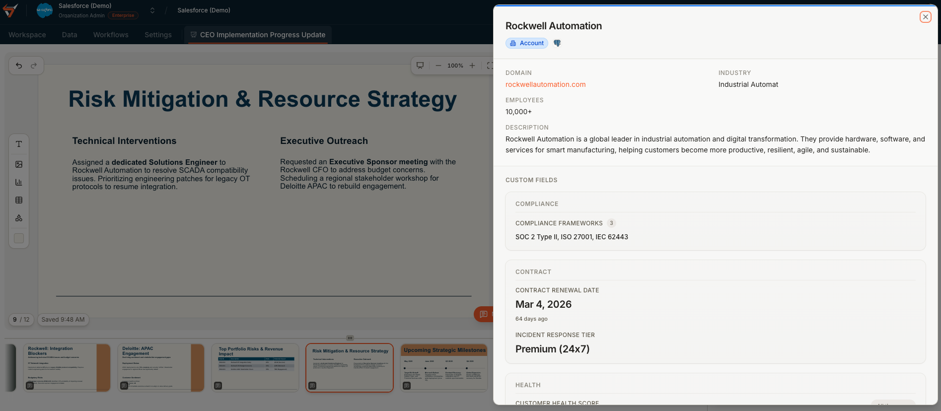 Steerco editor showing a customer profile panel with compliance frameworks and contract data