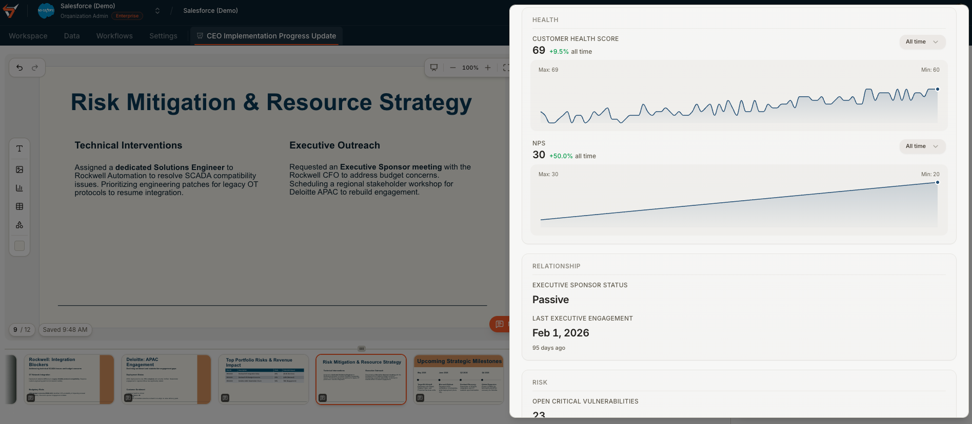 Steerco editor with a customer health score and NPS time-series for an enterprise account