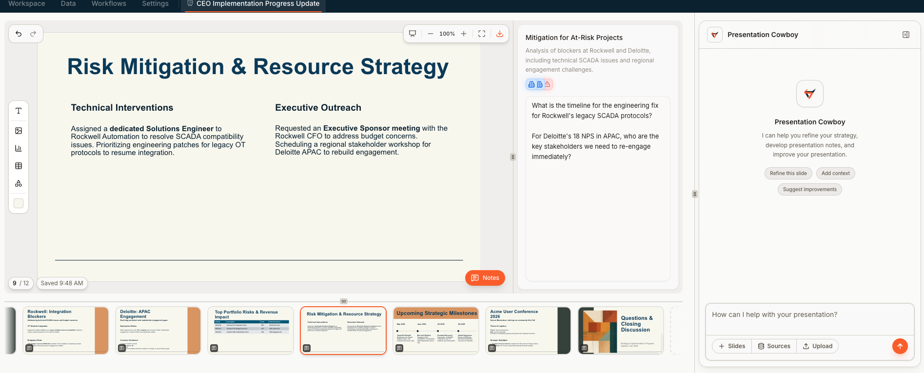 Steerco presentation editor with the Risk Mitigation & Resource Strategy slide and the Presentation Cowboy assistant