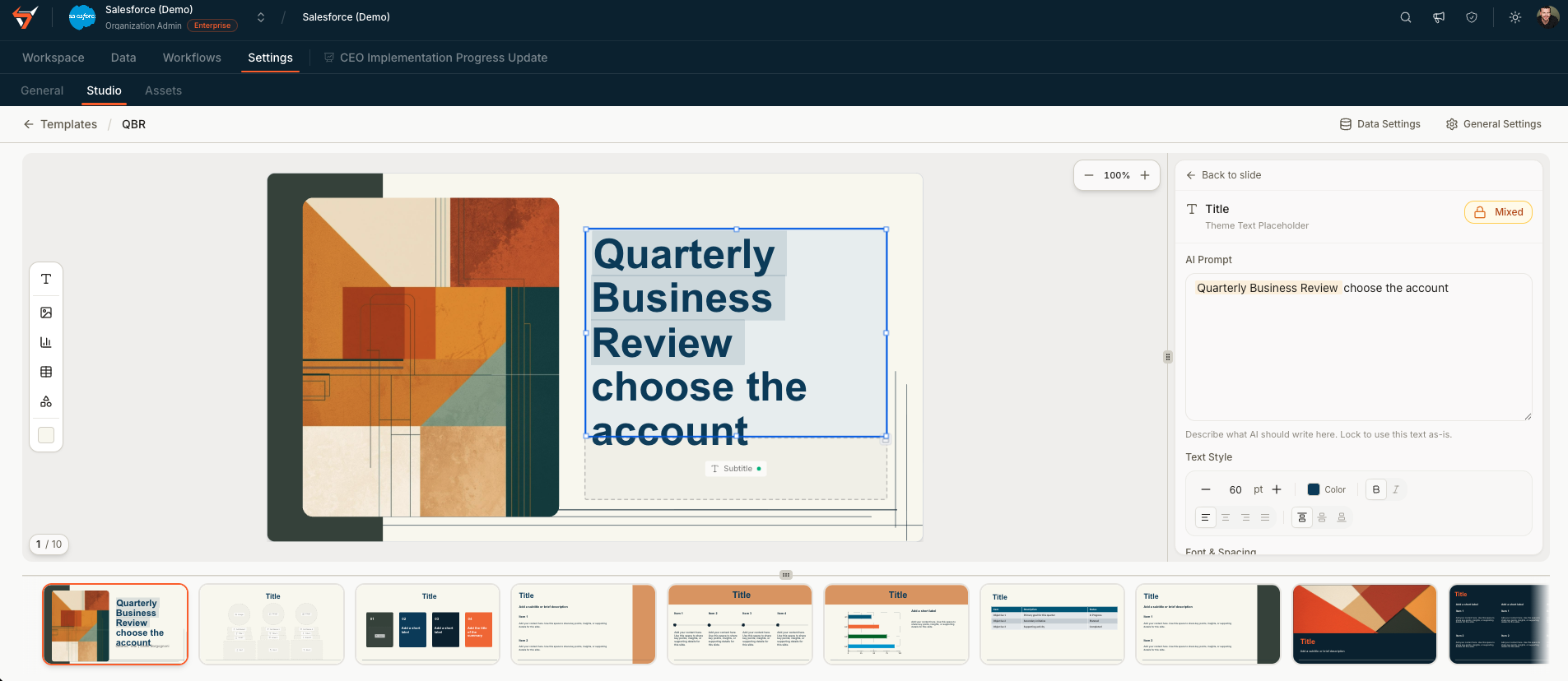 Steerco slide template editor showing element-specific prompts on the right panel