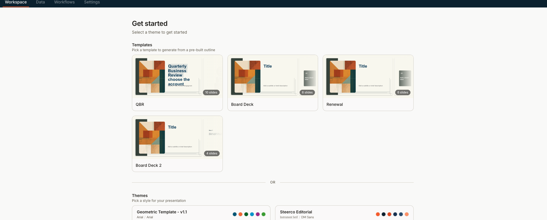 Steerco template picker with QBR, Board Deck, and Renewal templates