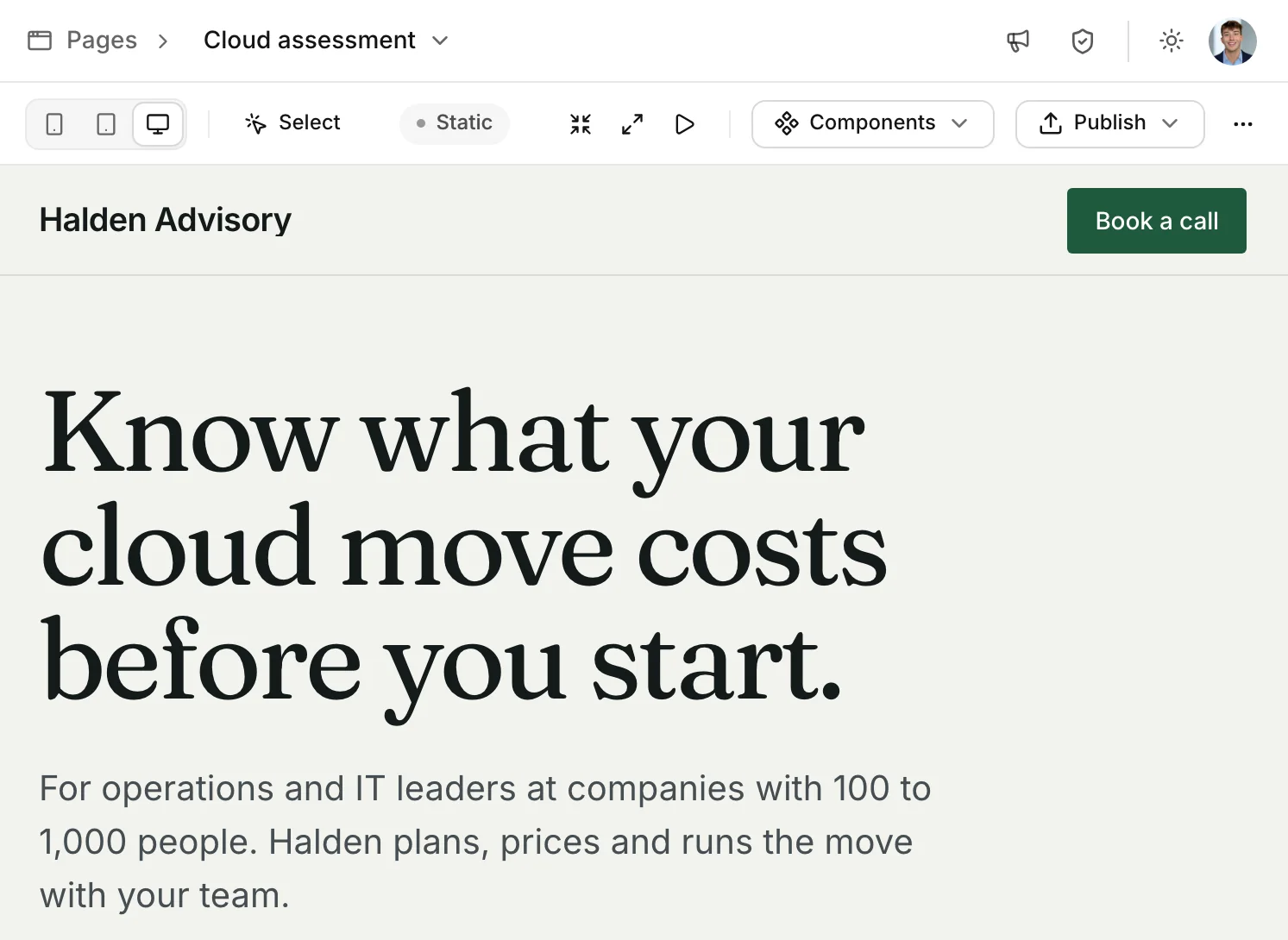 The Steerco page editor with a published landing page for a cloud assessment call